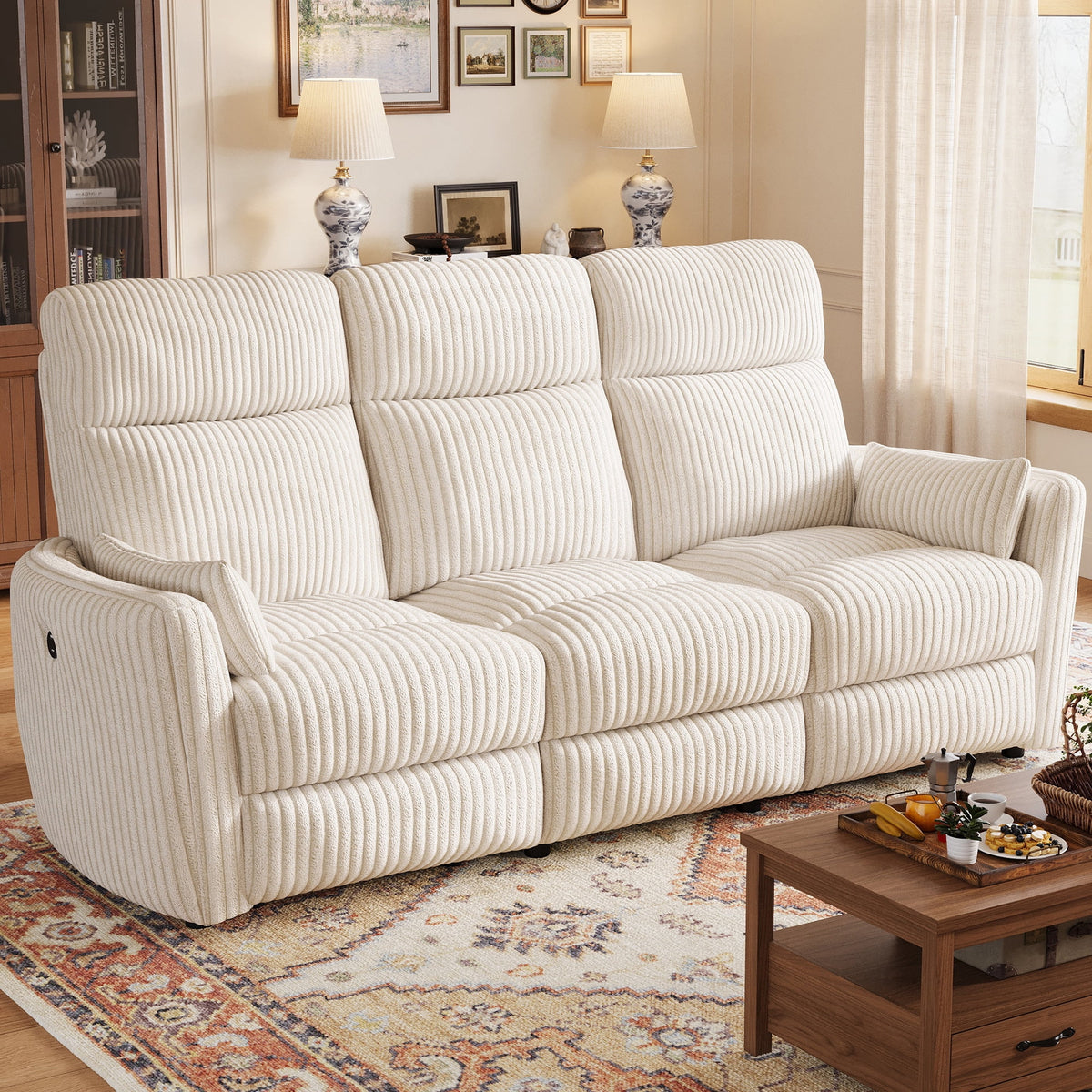 LINSY HOME 80in Manual Recliner Sofa with Flippable Console, 3-Seat Modular Sectional with USB Ports & Cup Holders, Home Theater Couch for Living Room, Game Room (Beige Corduroy)