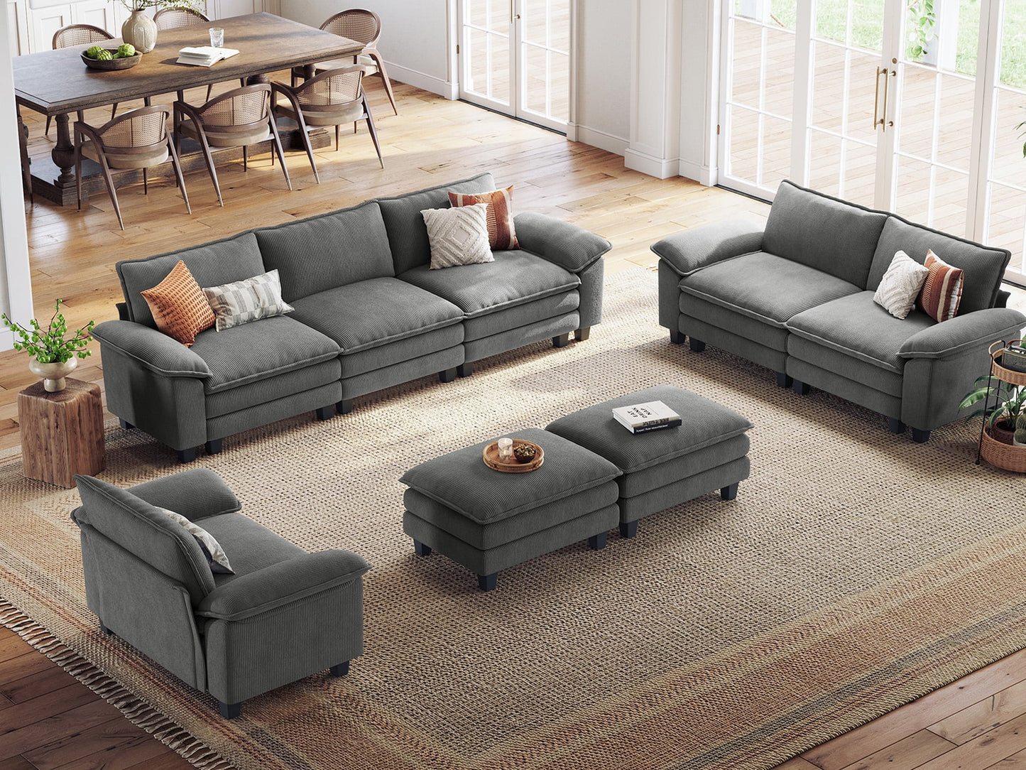 Linsy Home Oversized 5-Piece Sofa Set for Living Room, Comfy Corduroy Living Room Furniture Set Include Sectional Couch, Loveseat, Accent Chair and 2 Movable Ottomans
