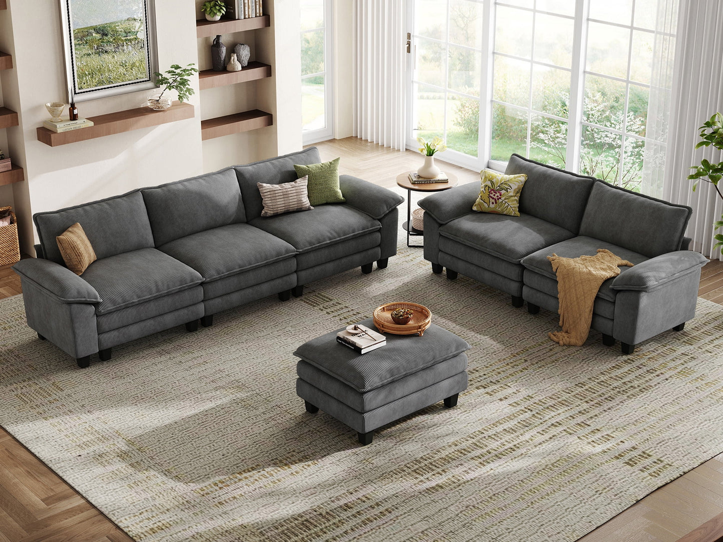 Linsy Home Oversized 3-Piece Sofa Set for Living Room, Comfy Corduroy Living Room Furniture Set Include Sectional Couch, Loveseat and Movable Ottoman