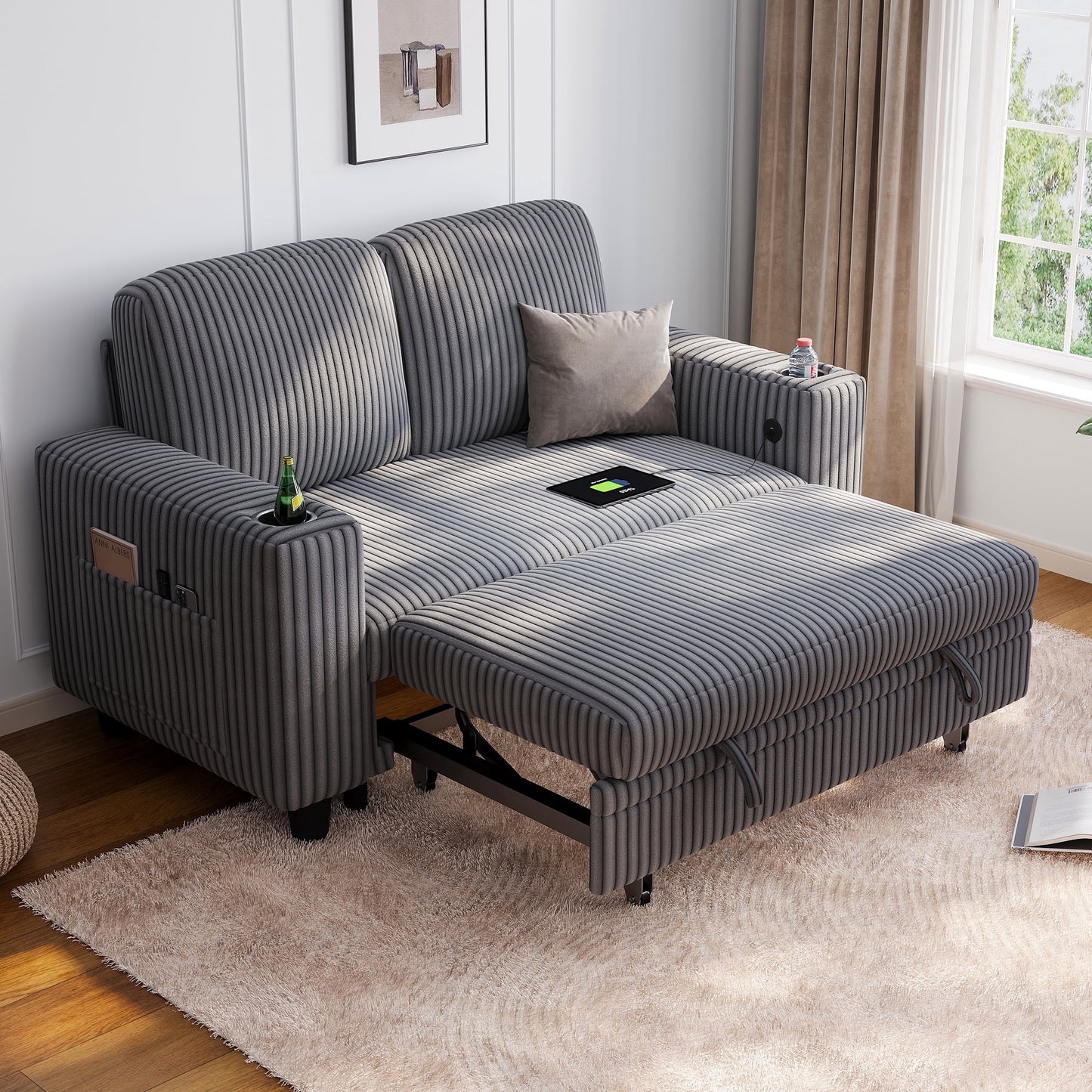 LINSY HOME Pull Out Couch Chaise Lounge for Living Room, Convertible Loveseat Sofa Couch With Usb & Cup Holder