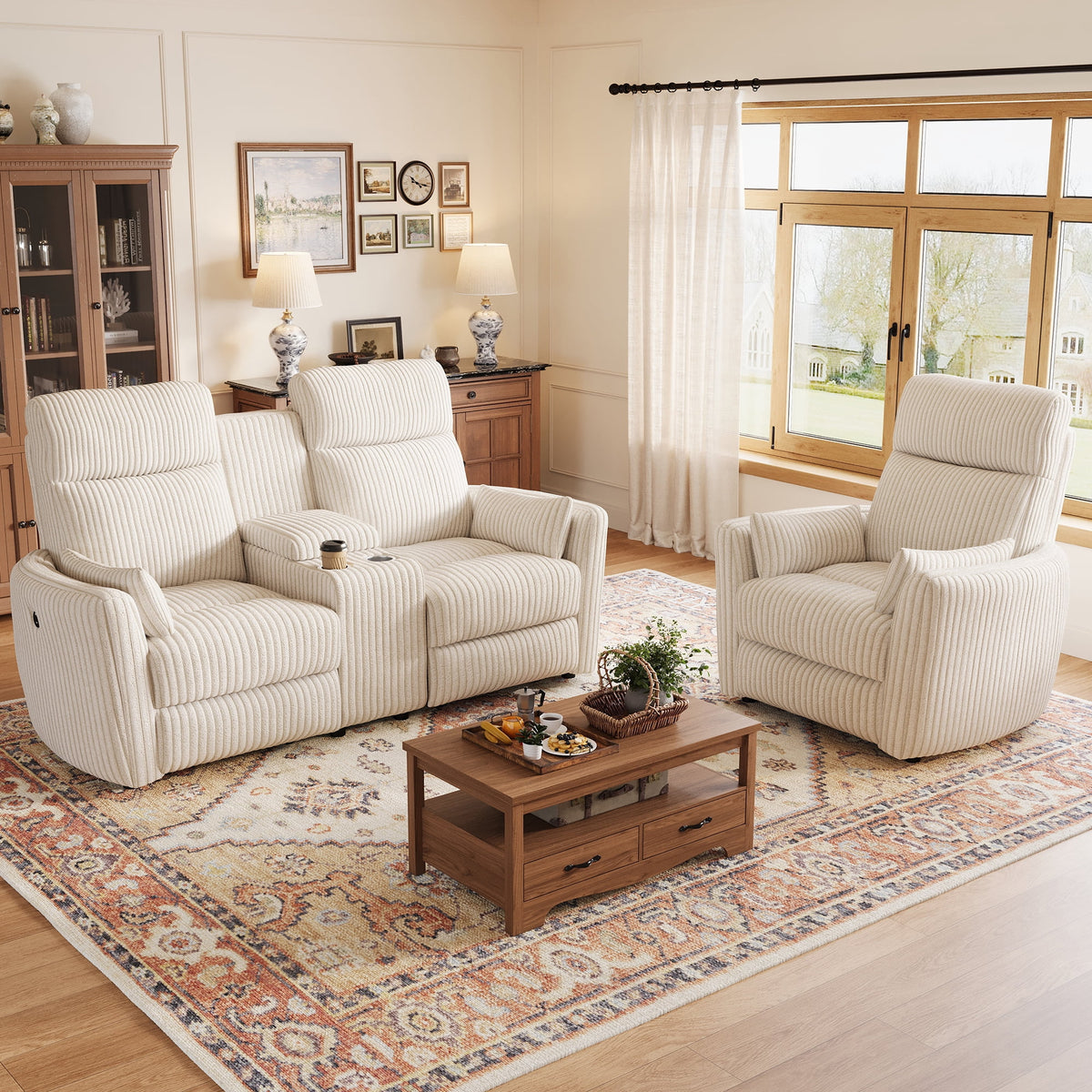 LINSY HOME 67in Modular Reclining Loveseat Sofa Set with Matching Chair & Console, 2-Seat Manual Sectional with Hidden Storage, Home Theater Couch for Living Room, Game Room (Beige Corduroy)