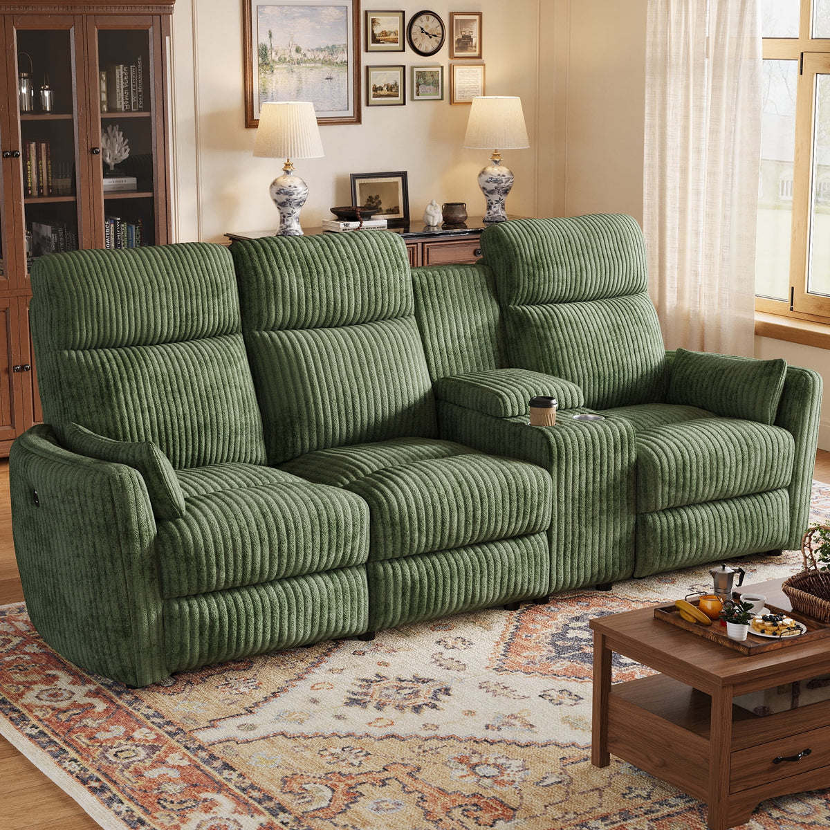LINSY HOME 90in Manual Recliner Sofa with Flippable Console, 3-Seat Modular Sectional with Hidden Storage, Home Theater Couch for Living Room, Game Room (Green Corduroy)