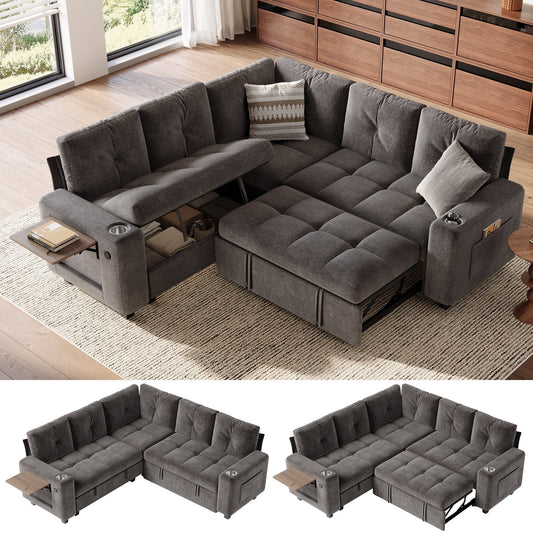 LINSY HOME 83in Modular Sectional Sofa with Pull Out Bed, Foldable Side Table & Storage Chaise, 5-Seat L Shape Couch with USB Charging for Living Room, Chenille Gray