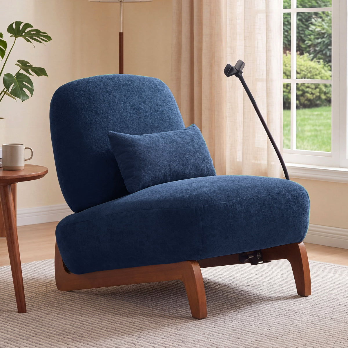 LINSY HOME Modern Accent Chair Lounge Chair, Chenille Upholstered Reading Chair with Lumbar Pillow, Phone Holder & Solid Wood Frame for Living Room Bedroom (Royal Blue)