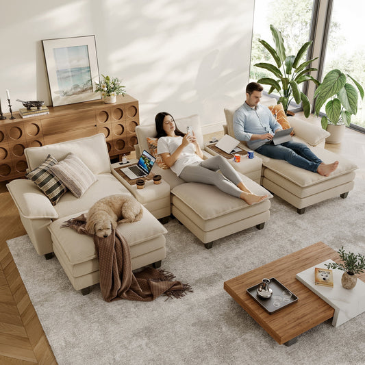 Linsy Home Oversized Modular Cloud Sectional Sofa with 3 Ottomans, 6 Seat Couches and Sofas Sectional with Versatile Console