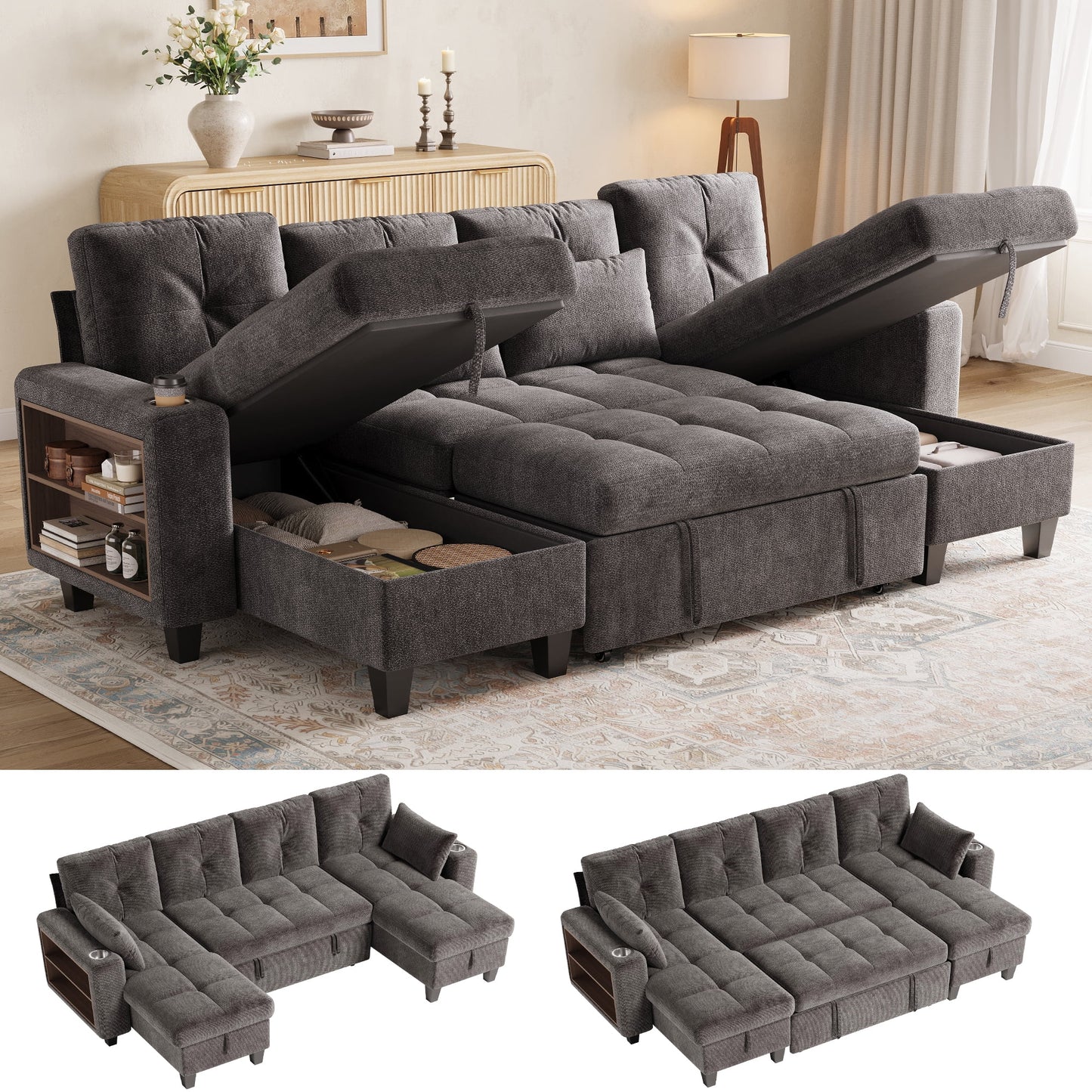 LINSY HOME 109in Modular Sectional Sofa with Pull Out Bed, Multi-functional Armrest & Storage Chaise, 4-Seat Pull Out Couch with Shelves, USB Ports & Cup Holders, Chenille Gray