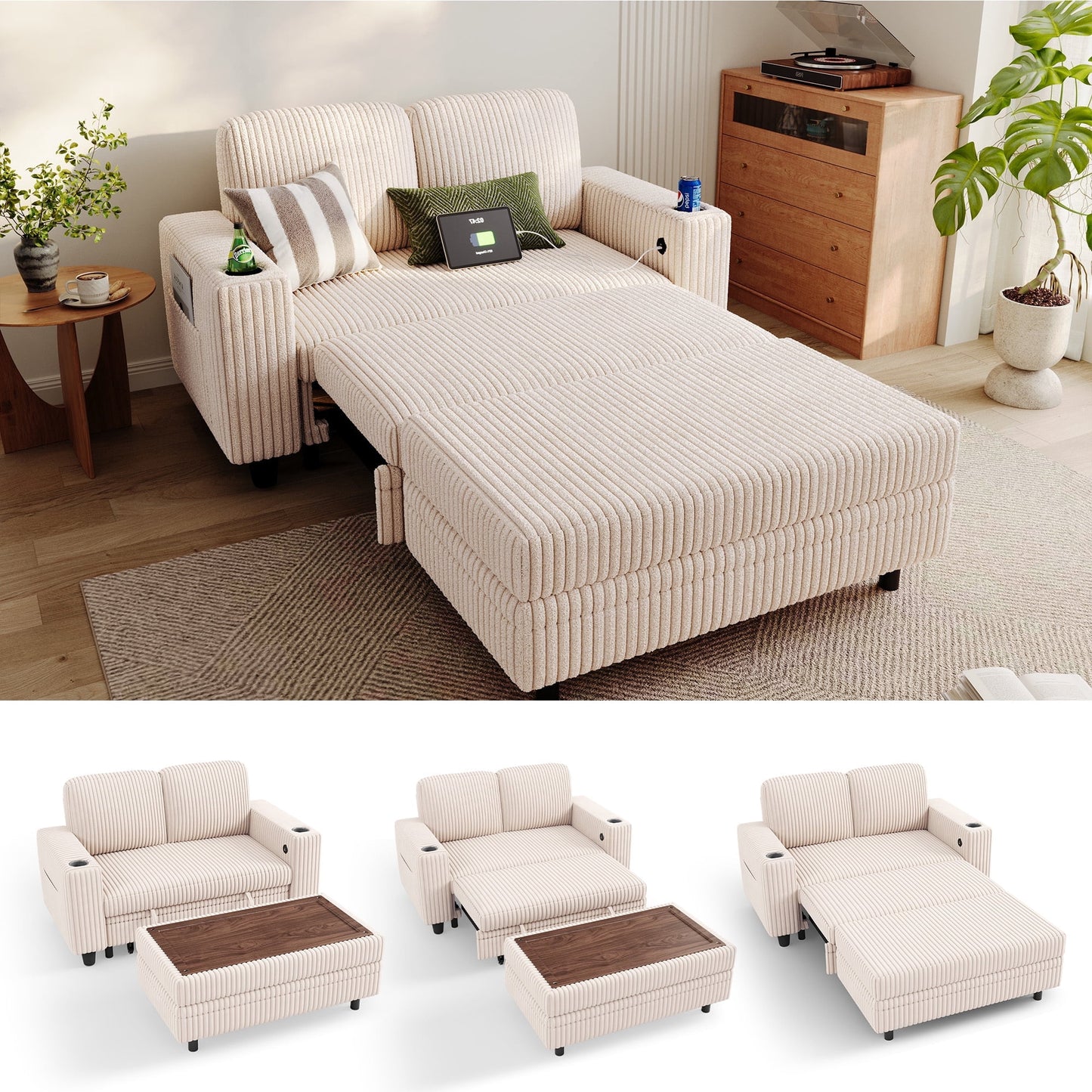 LINSY HOME Pull Out Couch Chaise Lounge, Plush Corduroy Convertible Loveseat Sofa Couch with Storage Ottoman