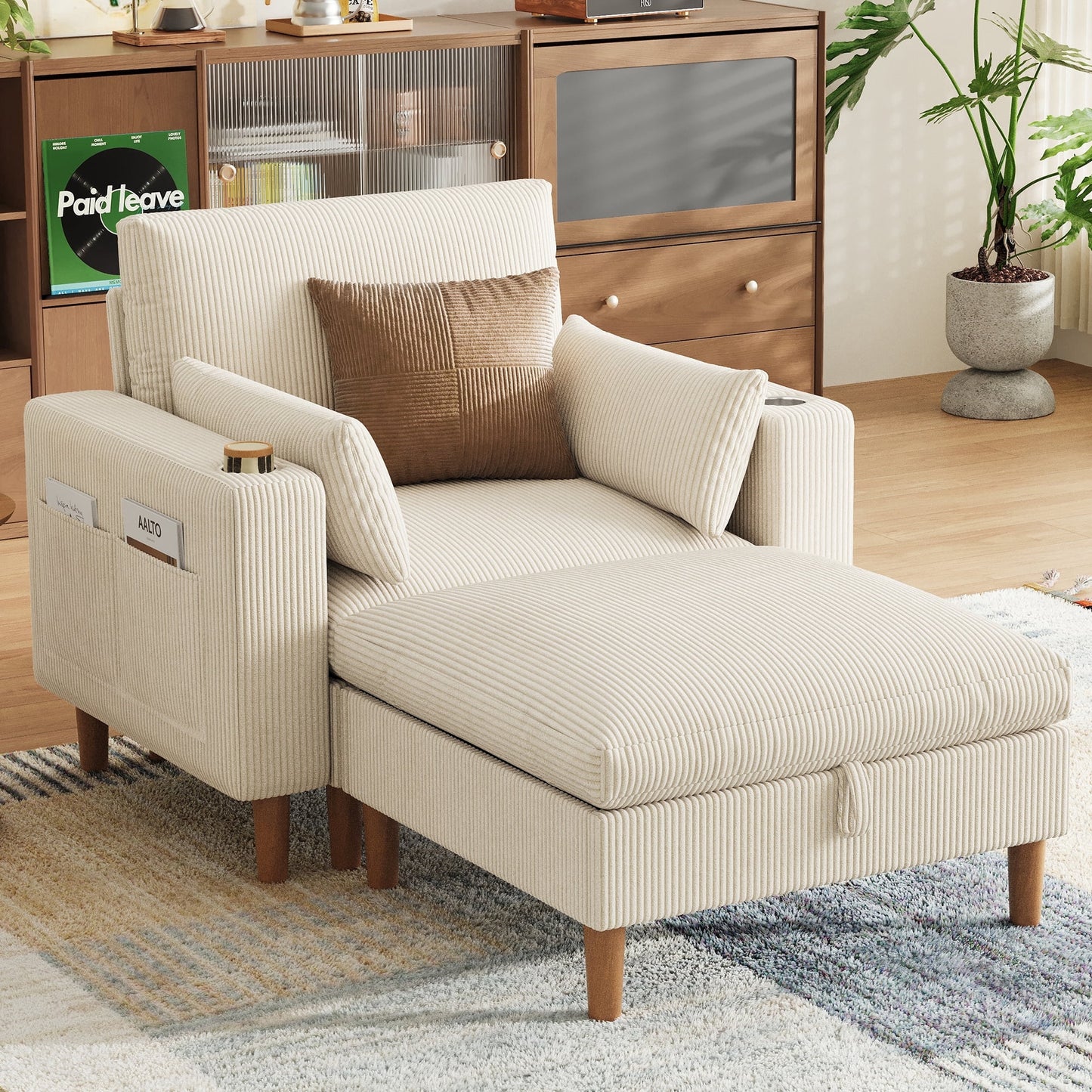 LINSY HOME 46in Modular Sectional 1-Seat Sofa with 1 Ottoman, Comfy Deep Seat Corduroy Sofa with USB Charging Port, Side Pocket & Cup Holder for Living Room Bedroom