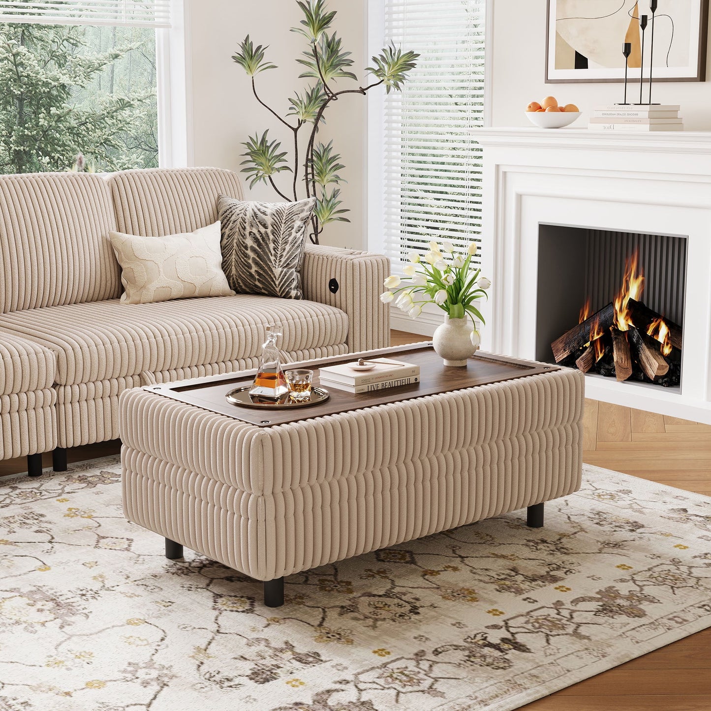 Linsy Home Plush Corduroy Storage Ottoman, Upholstered Ottoman Bench for Sofa, Coffee Table or Footrest, for Living Room, Bedroom or Entryway