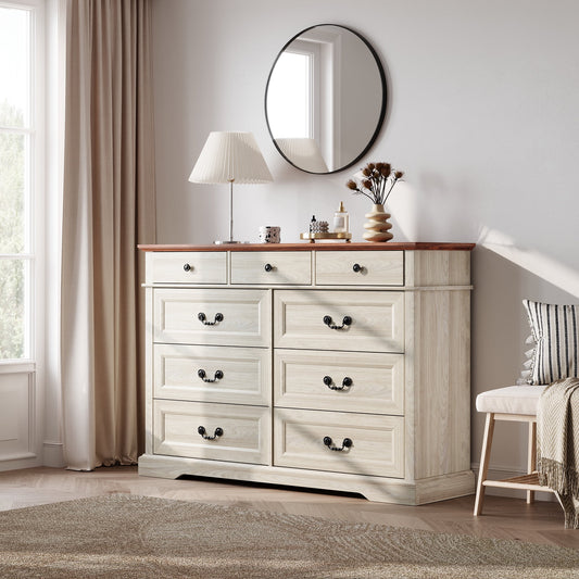 LINSY HOME Dresser for Bedroom, Long Dresser with 9 Drawers and Antique Handles, Chest of Drawers for Living Room, Entryway and Hallway