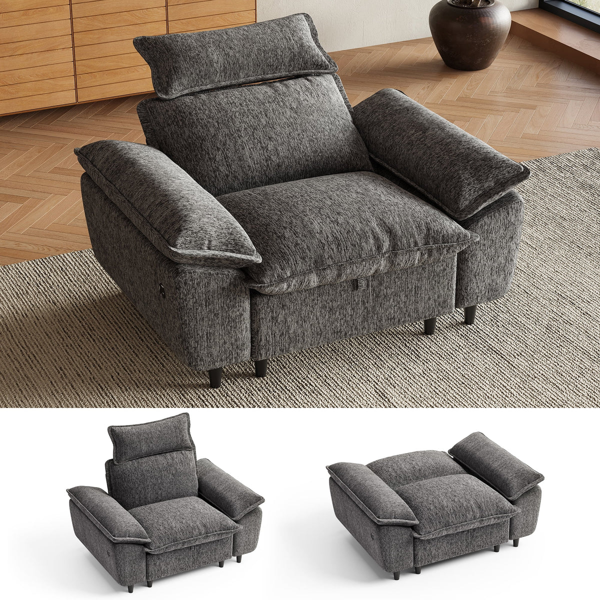 LINSY HOME 49.6in Sectional Sleeper Sofa with Adjustable Backrests, Chenille Convertible Sofa Bed with Storage, Removable Headrest & USB Charging for Living Room, Dark Grey