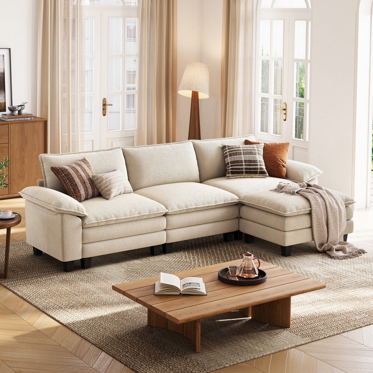 Linsy Home 123in Cloud Modular Sectional Sofa for Living Room, L-Shaped Cloud Sofa Couch with Corduroy Fabric, 3 Seat Oversized Couch with Movable Ottoman