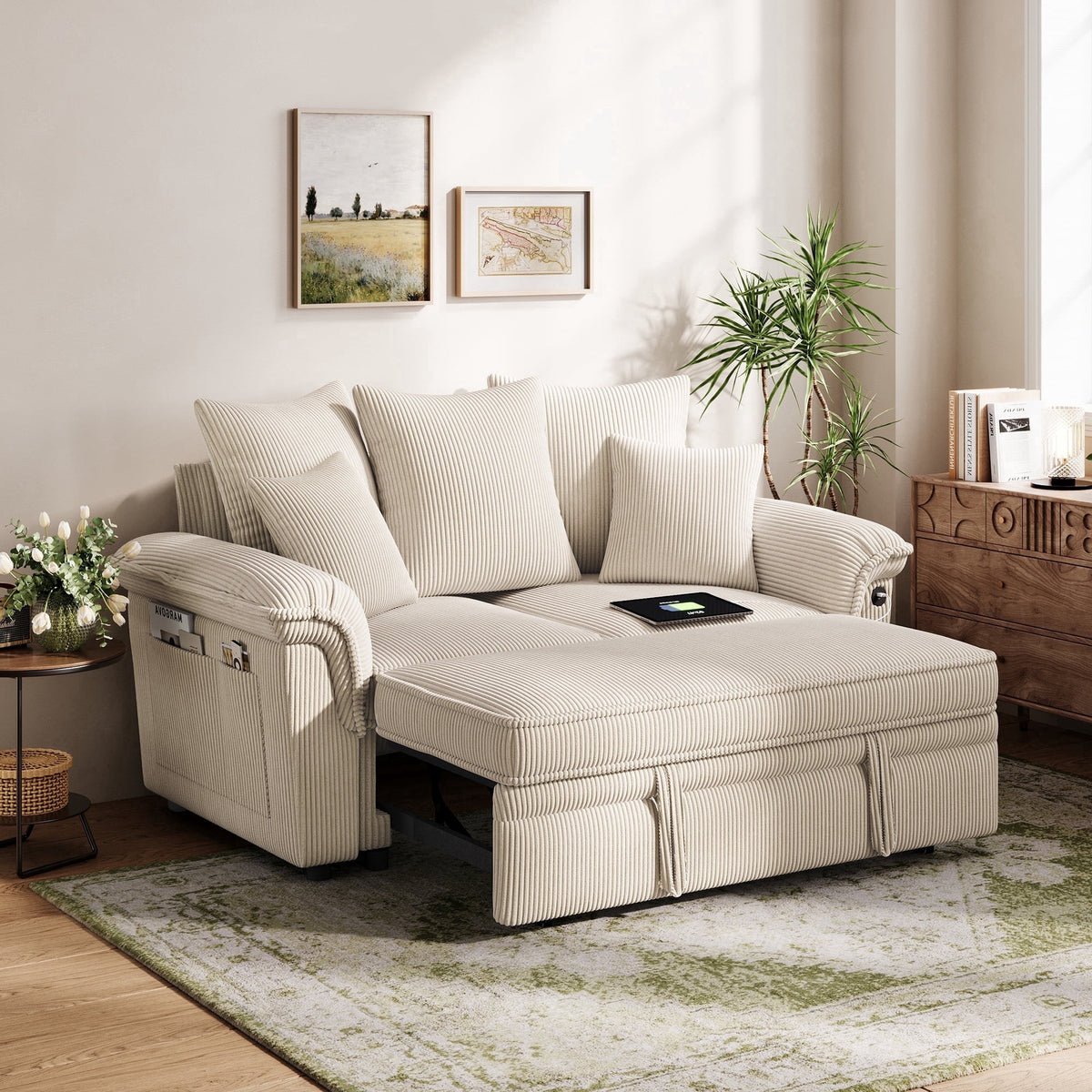 LINSY HOME Modular Sectional Sofa, Sleeper Sofa Bed with Reversible Storage Chaise, Pull Out Couch Bed with USB, Side Pocket & Two Pillows
