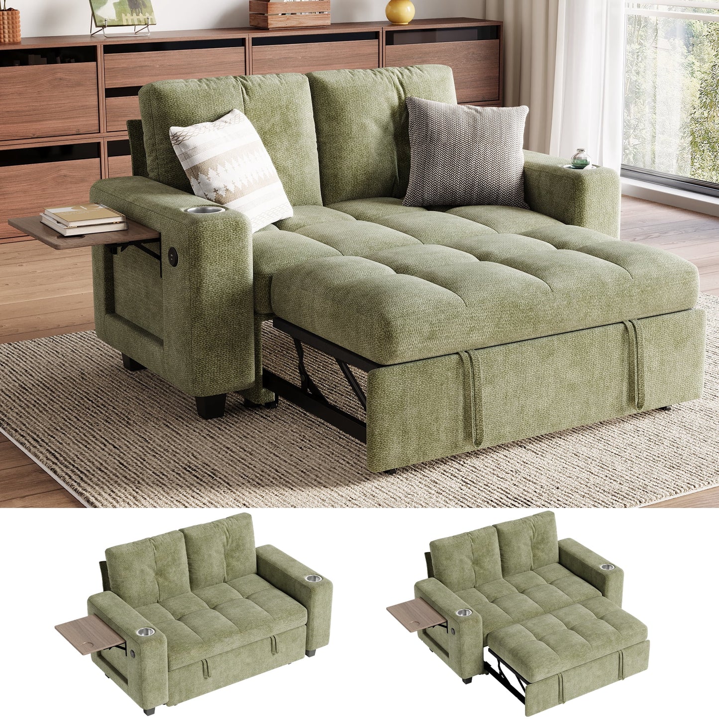 LINSY HOME 57.4in Modular Sectional Sofa with Pull Out Bed & Foldable Side Table for Small Spaces, 2-Seat Sofa Bed with USB Charging for Living Room, Chenille Green