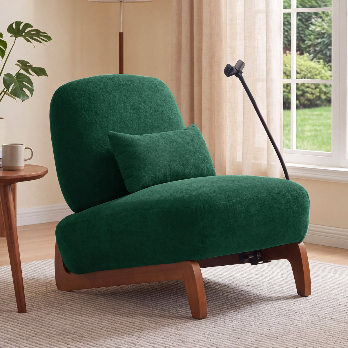 LINSY HOME Modern Accent Chair Lounge Chair, Chenille Upholstered Reading Chair with Lumbar Pillow, Phone Holder & Solid Wood Frame for Living Room Bedroom (Dark Green)