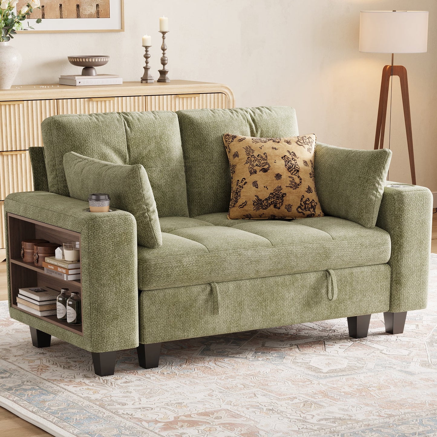 LINSY HOME 57.4in Modular Sectional Loveseat Sofa with Storage & Multi-functional Armrest for Small Spaces, 2-Seat Couch with Shelves, USB Ports & Cup Holders, Chenille Green
