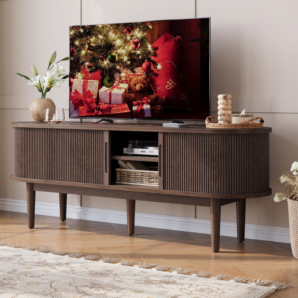 LINSY HOME Fluted TV Stand for TVs up to 65in, Mid-Century Home Entertainment Center with Sliding Tambour Door and Adjustable Shelves