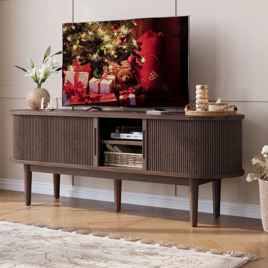 LINSY HOME Fluted TV Stand for TVs up to 65in, Mid-Century Home Entertainment Center with Sliding Tambour Door and Adjustable Shelves