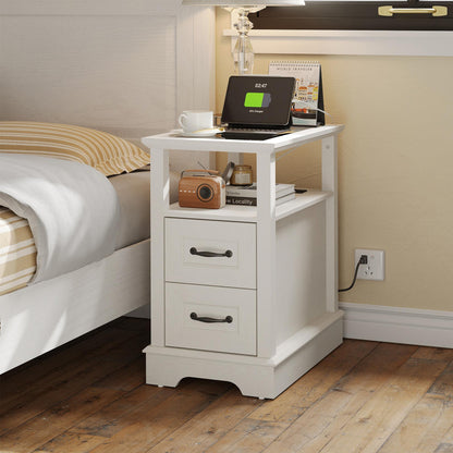 End Table with Charging Station, Storage Cabinet, and Adjustable Shelf, Modern Nightstand for Bedroom or Living Room