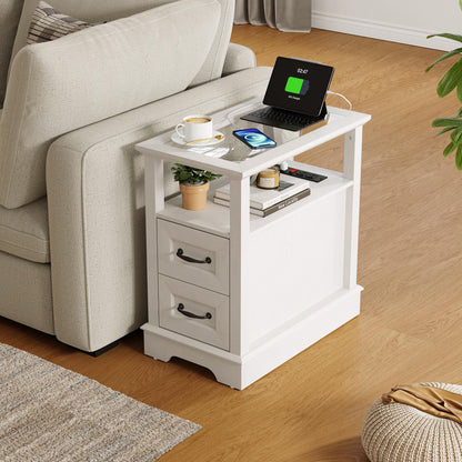 End Table with Charging Station, Storage Cabinet, and Adjustable Shelf, Modern Nightstand for Bedroom or Living Room