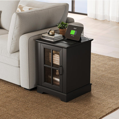 End Table with Charging Station, Storage Cabinet, and Adjustable Shelf, Modern Nightstand for Bedroom or Living Room