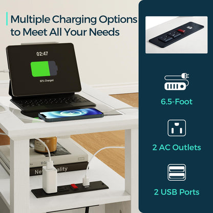 End Table with Charging Station, Storage Cabinet, and Adjustable Shelf, Modern Nightstand for Bedroom or Living Room