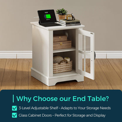 End Table with Charging Station, Storage Cabinet, and Adjustable Shelf, Modern Nightstand for Bedroom or Living Room