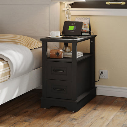 End Table with Charging Station, Storage Cabinet, and Adjustable Shelf, Modern Nightstand for Bedroom or Living Room