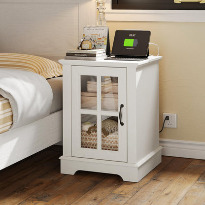 End Table with Charging Station, Storage Cabinet, and Adjustable Shelf, Modern Nightstand for Bedroom or Living Room