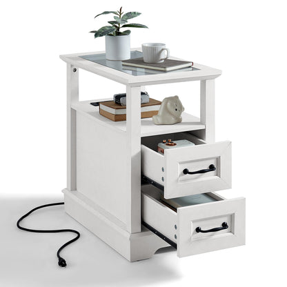 End Table with Charging Station, Storage Cabinet, and Adjustable Shelf, Modern Nightstand for Bedroom or Living Room