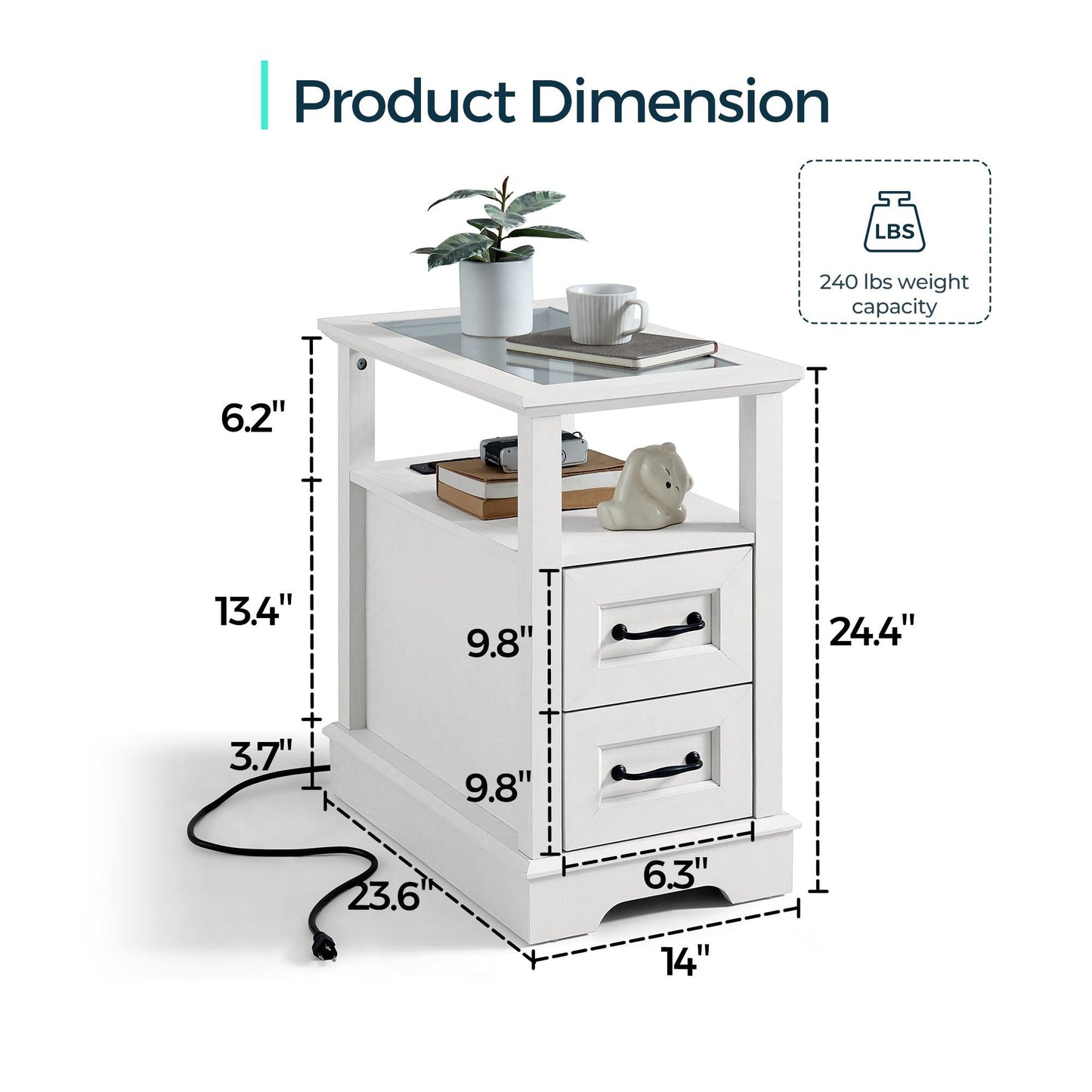 End Table with Charging Station, Storage Cabinet, and Adjustable Shelf, Modern Nightstand for Bedroom or Living Room
