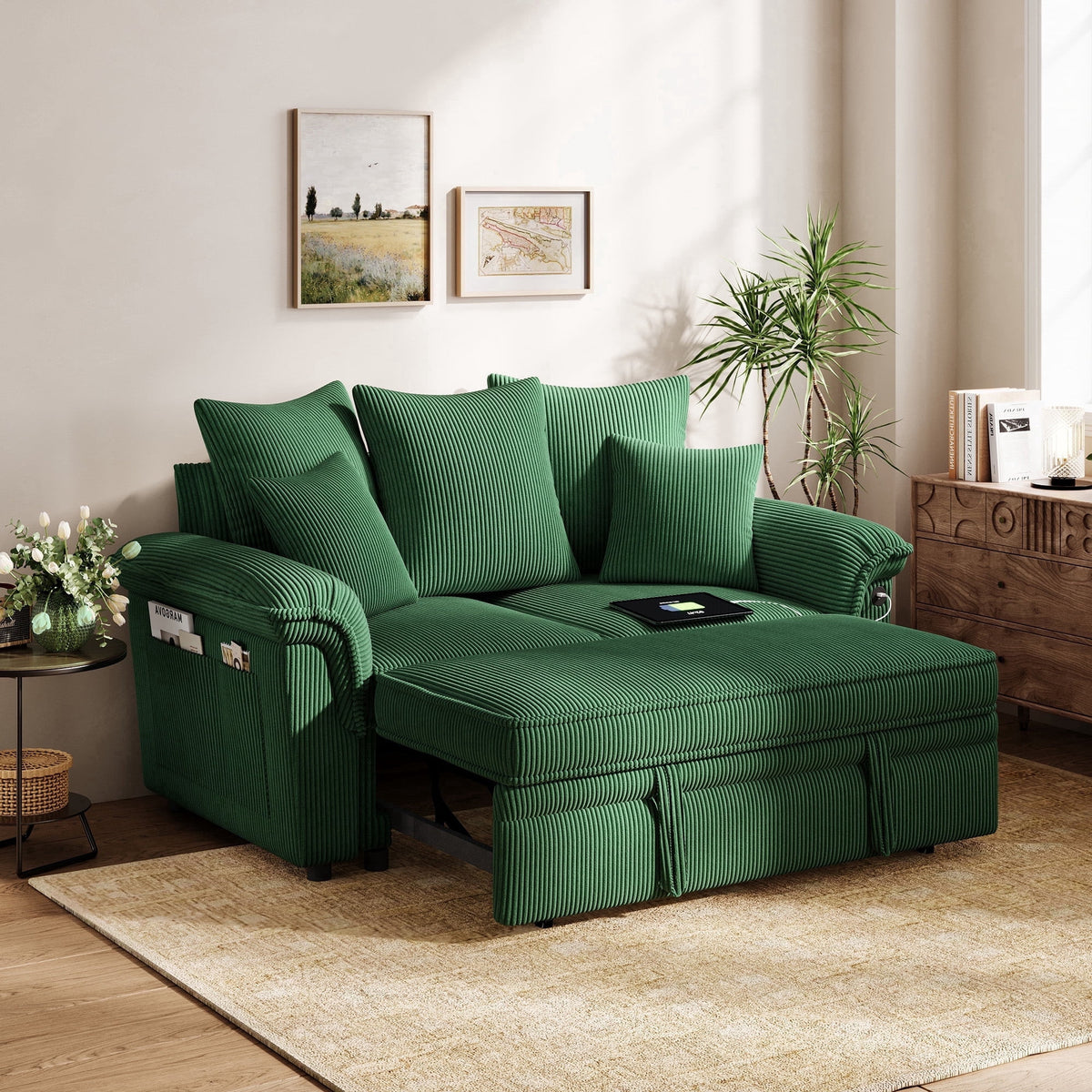 LINSY HOME Modular Sectional Sofa, Sleeper Sofa Bed with Reversible Storage Chaise, Pull Out Couch Bed with USB, Side Pocket & Two Pillows