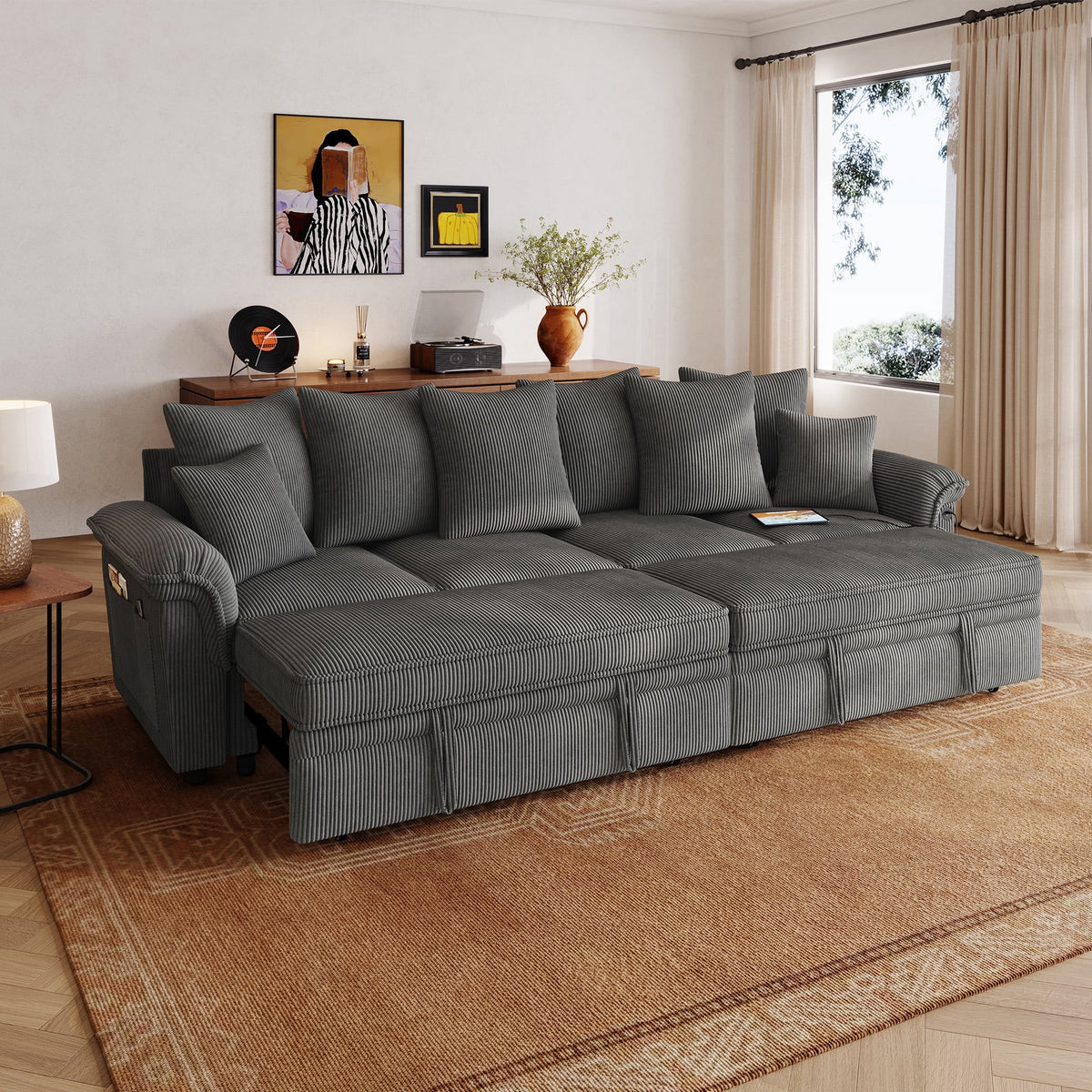 LINSY HOME Modular Sectional Sofa, Sleeper Sofa Bed with Reversible Storage Chaise, Pull Out Couch Bed with USB, Side Pocket & Two Pillows