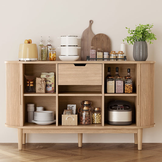 LINSY HOME Fluted Pantry Storage Cabinet, Kitchen Cabinets with Sliding Tambour Door, Wide Storage Cabinet with Removable & Adjustable Shelves for Dining Room, Living Room, Bathroom