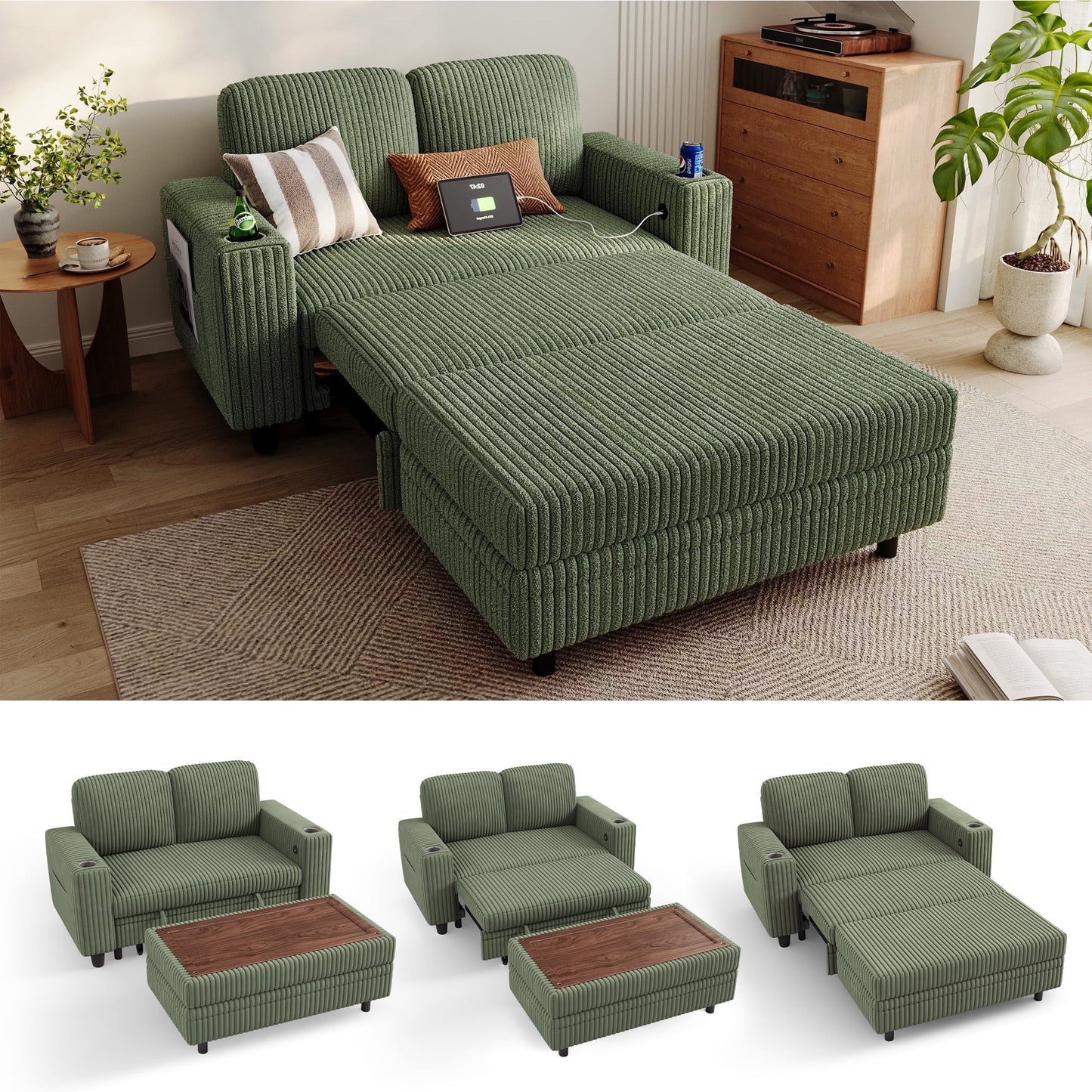 LINSY HOME Pull Out Couch Chaise Lounge, Plush Corduroy Convertible Loveseat Sofa Couch with Storage Ottoman