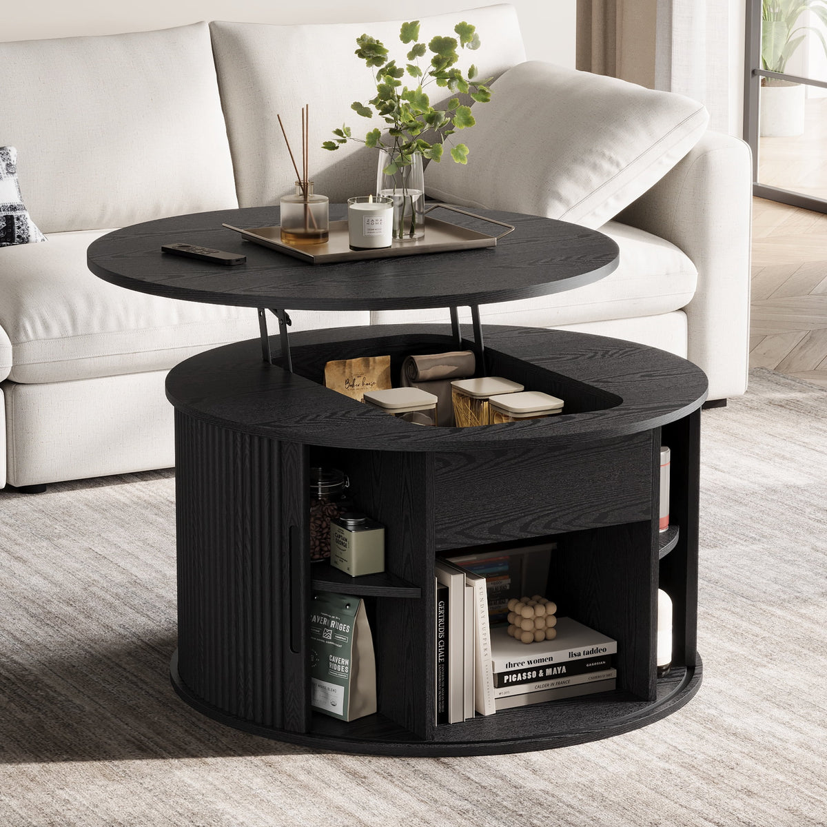 Linsy Home Lift Top Coffee Table Round with Storage, Fluted Coffee Table for Living Room with Open&Hidden Storage Space