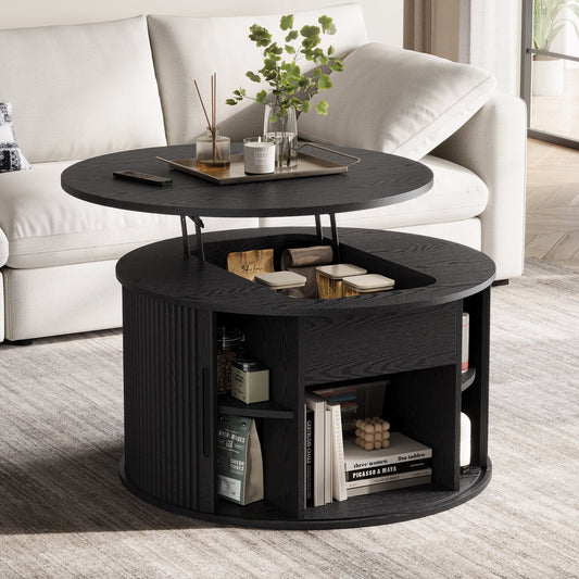 Linsy Home Lift Top Coffee Table Round with Storage, Fluted Coffee Table for Living Room with Open&Hidden Storage Space