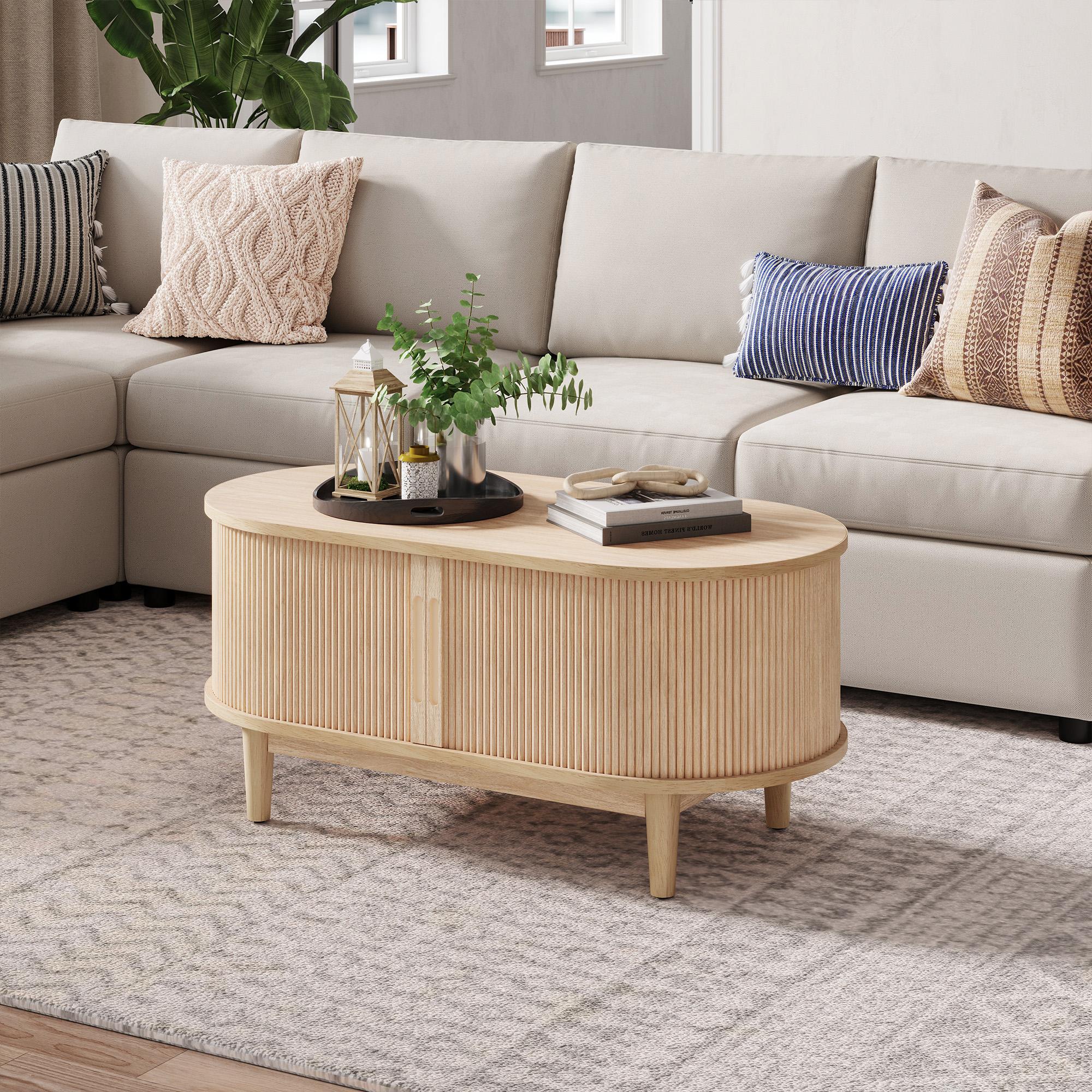 Fluted Coffee Table with Storage, Mid-Century Coffee Table for Living Room with Sliding Tambour Door
