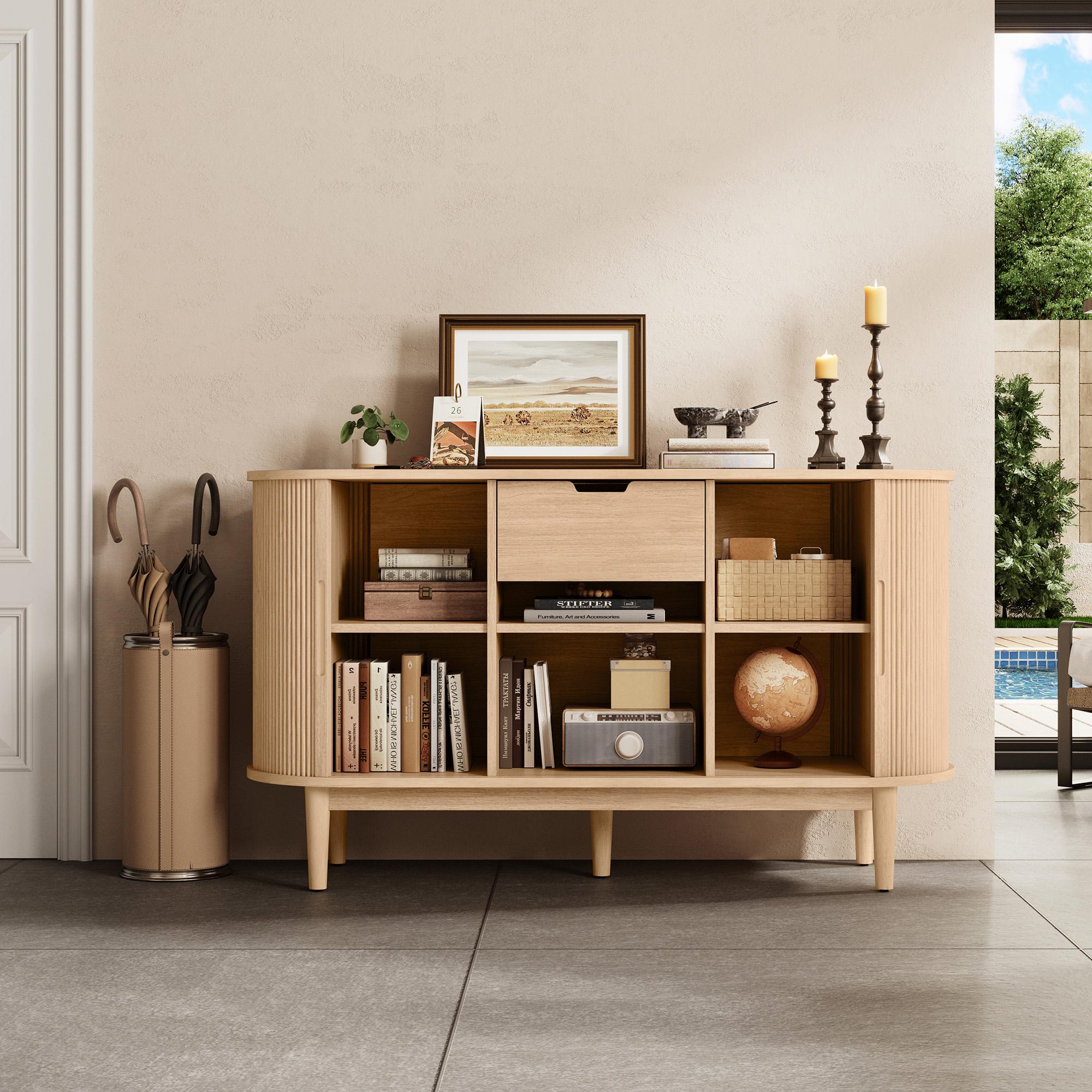 Fluted Pantry Storage Cabinet with Sliding Tambour Door, Wide Kitchen Cabinet with Removable & Adjustable Shelves for Dining Room, Living Room, or Bathroom
