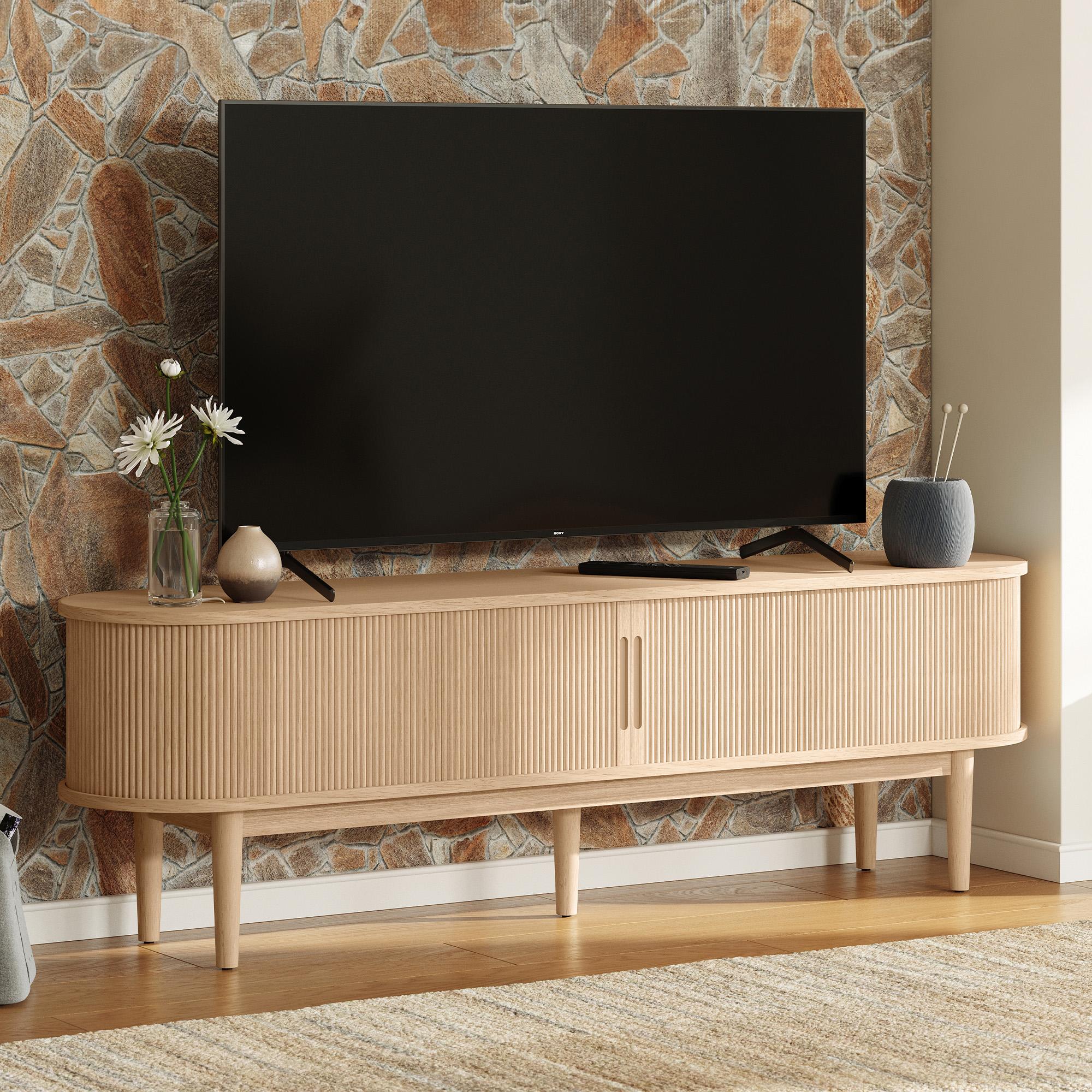Fluted TV Stand for 65" TVs, Mid-Century Entertainment Center with Sliding Tambour Door & Adjustable Shelves