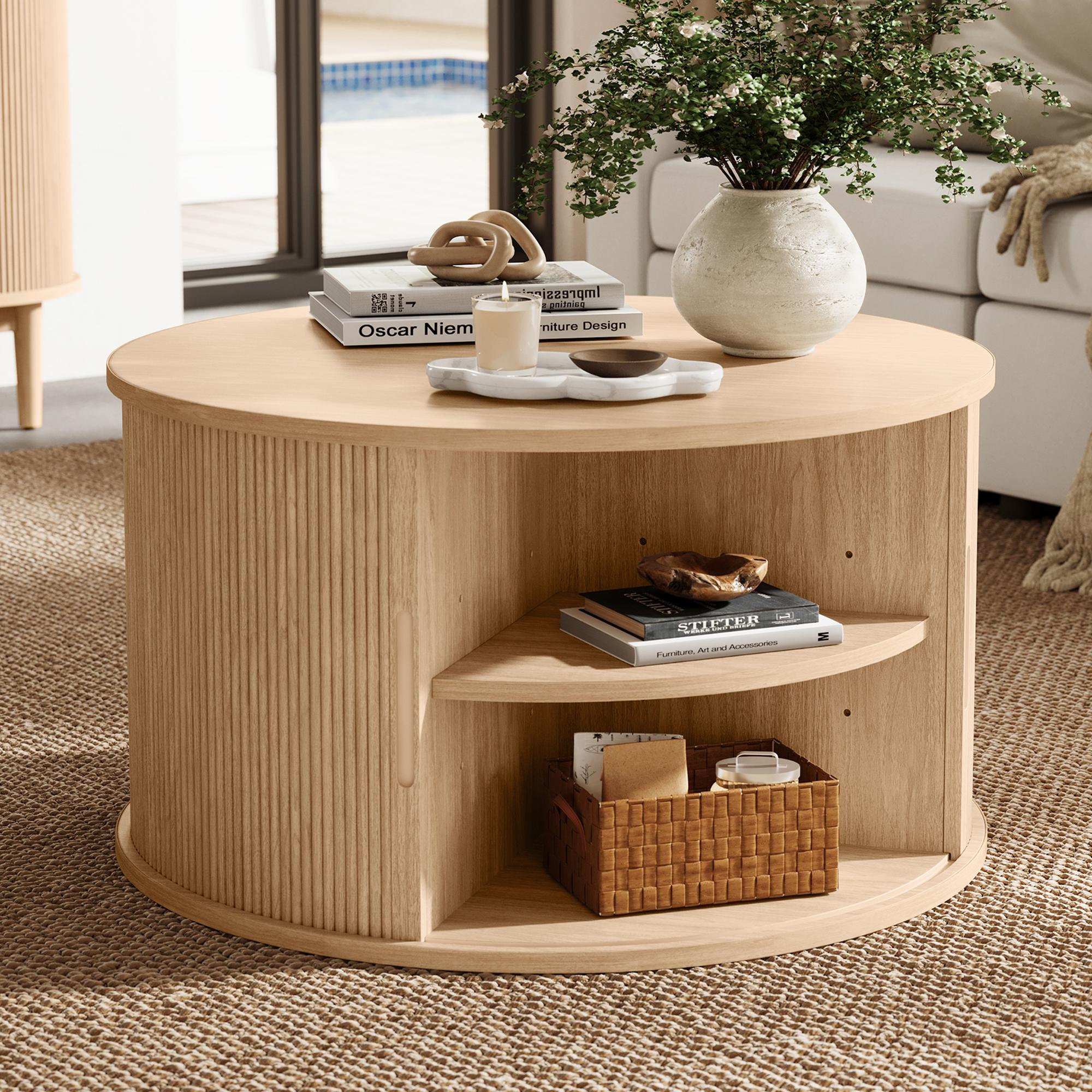 Round Fluted Coffee Table with Large Storage, Mid-Century Style, Sliding Tambour Door for Living Room