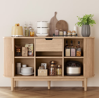 Linsy HC001C2 55" Sideboard Storage Cabinet with Tambour Sliding Doors, Mid Century Modern Buffet Cabinet with Drawer and Shelves, Fluted Storage Cabinet for Dining Room