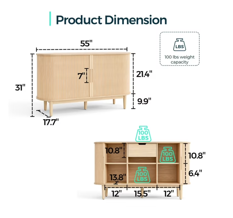 Linsy HC001C2 55" Sideboard Storage Cabinet with Tambour Sliding Doors, Mid Century Modern Buffet Cabinet with Drawer and Shelves, Fluted Storage Cabinet for Dining Room