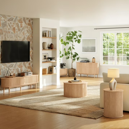 Linsy HC001C2 55" Sideboard Storage Cabinet with Tambour Sliding Doors, Mid Century Modern Buffet Cabinet with Drawer and Shelves, Fluted Storage Cabinet for Dining Room