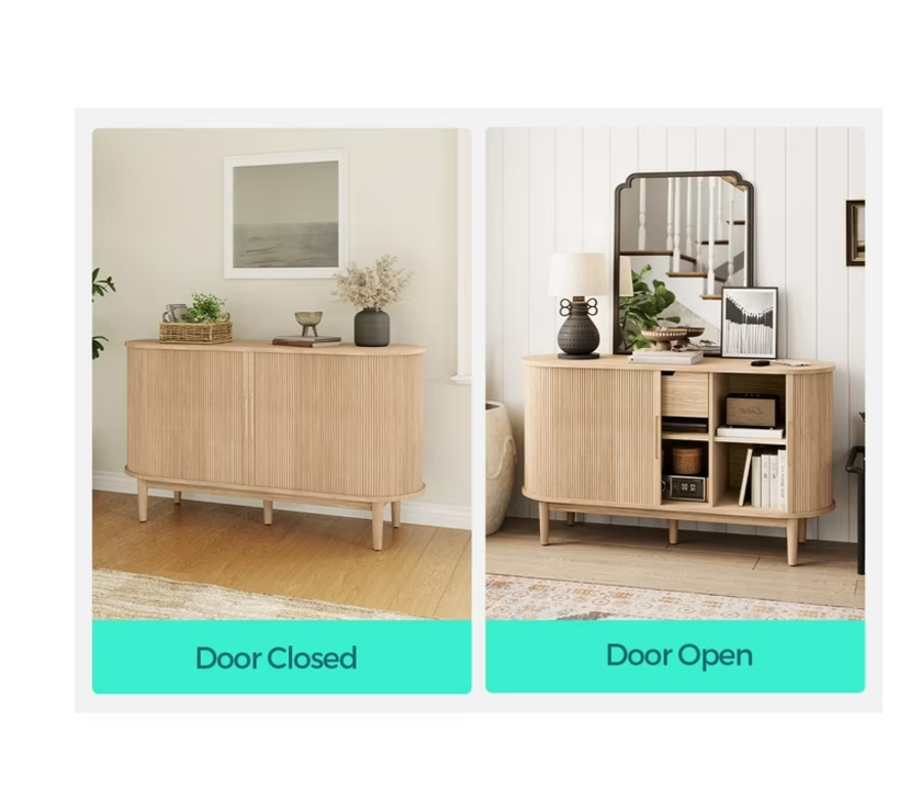 Linsy HC001C2 55" Sideboard Storage Cabinet with Tambour Sliding Doors, Mid Century Modern Buffet Cabinet with Drawer and Shelves, Fluted Storage Cabinet for Dining Room