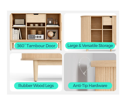 Linsy HC001C2 55" Sideboard Storage Cabinet with Tambour Sliding Doors, Mid Century Modern Buffet Cabinet with Drawer and Shelves, Fluted Storage Cabinet for Dining Room