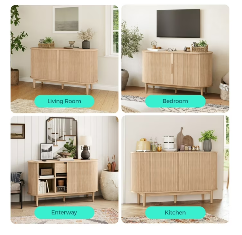 Linsy HC001C2 55" Sideboard Storage Cabinet with Tambour Sliding Doors, Mid Century Modern Buffet Cabinet with Drawer and Shelves, Fluted Storage Cabinet for Dining Room