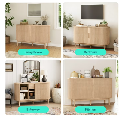 Linsy HC001C2 55" Sideboard Storage Cabinet with Tambour Sliding Doors, Mid Century Modern Buffet Cabinet with Drawer and Shelves, Fluted Storage Cabinet for Dining Room