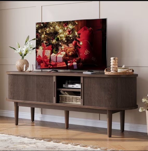 LINSY HC001M1 TV Stand for TVs up to 65", Mid-Century Home Entertainment Center with Sliding Tambour Door