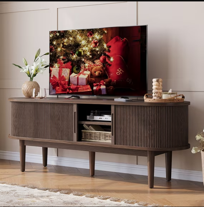 LINSY HC001M1 TV Stand for TVs up to 65", Mid-Century Home Entertainment Center with Sliding Tambour Door